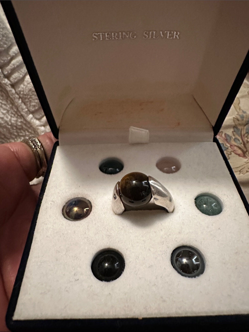 Sterling Silver woman’s Interchangeable Gem Ring - Brown/Black Stone